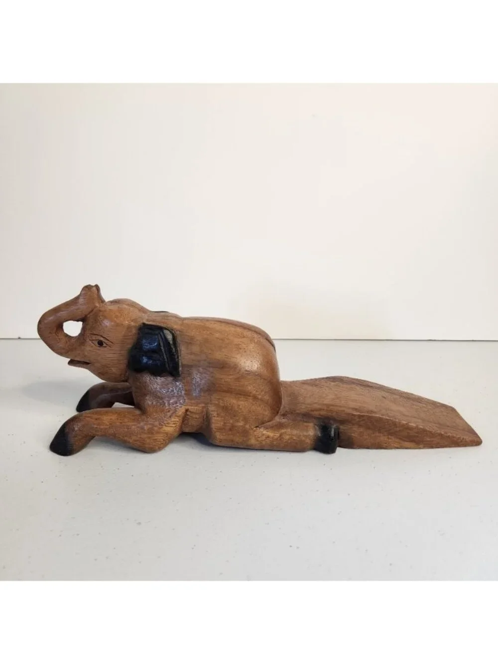 Vintage Wood Elephant Hand Carved Door Wedge Stopper Raised Trunk Up Boho 1970s